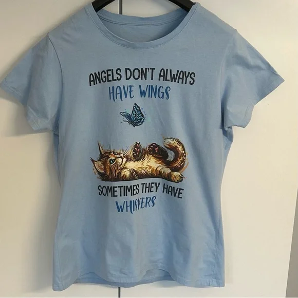 Blue Graphic T-Shirt with Cat and Butterfly. Size L - Picture 1 of 6